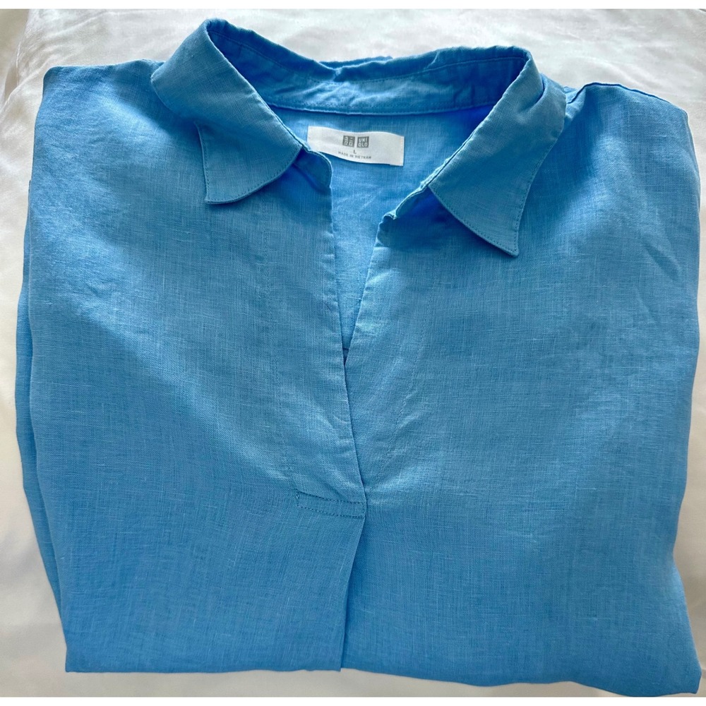 Uniqlo Premium Linen Skipper Collar Shirt Blue V-Neck Oversized 100% Linen L